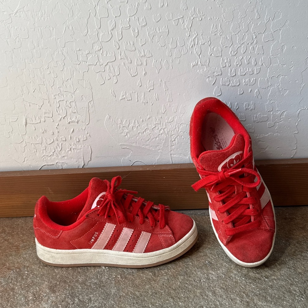 adidas Red Suede Campus Sneakers with Pink Stripes